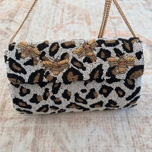 Chic Beaded Clutch with Gold and Black Bee Pattern